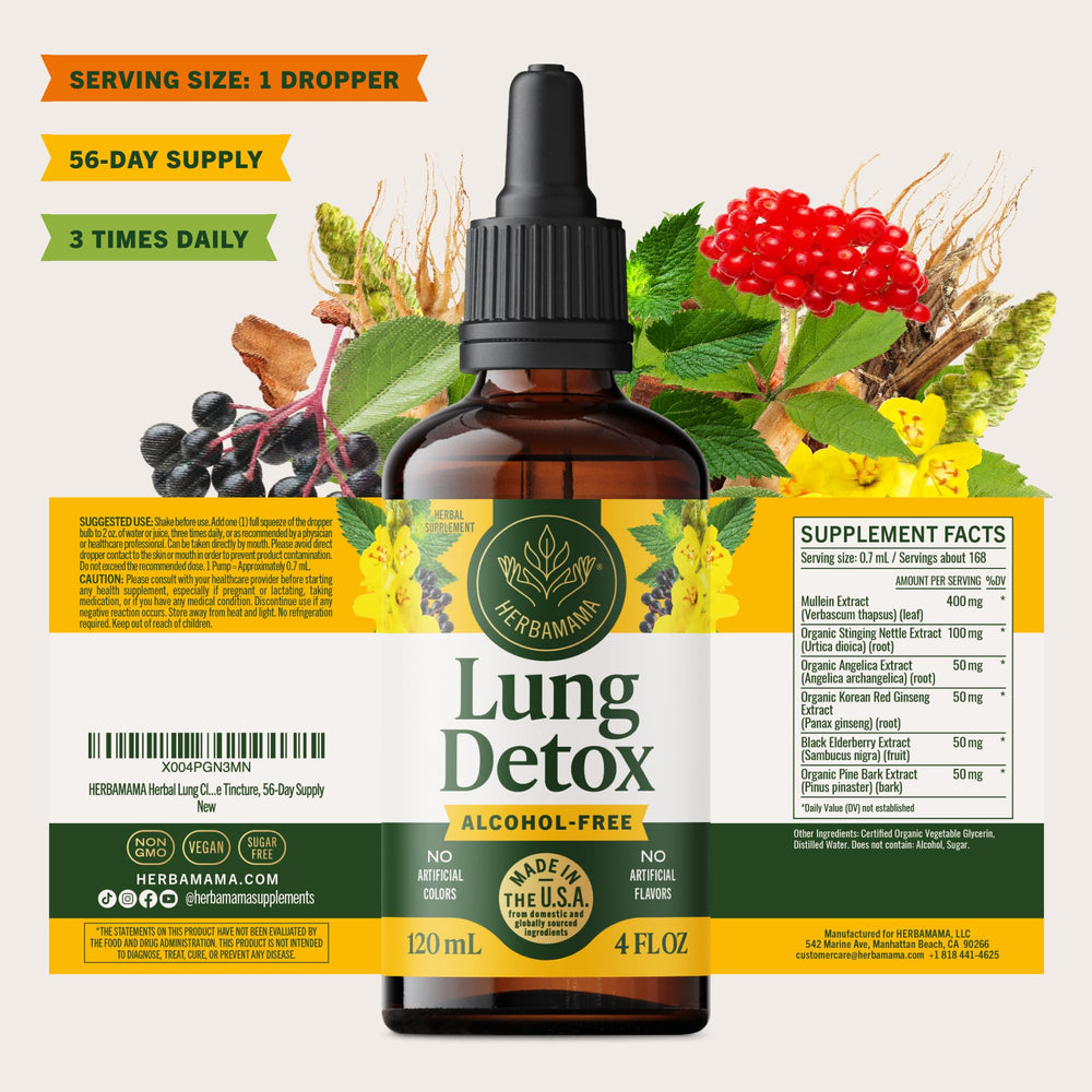Bottle label shows 56-day supply of HERBAMAMA Lung Cleanse Drops.