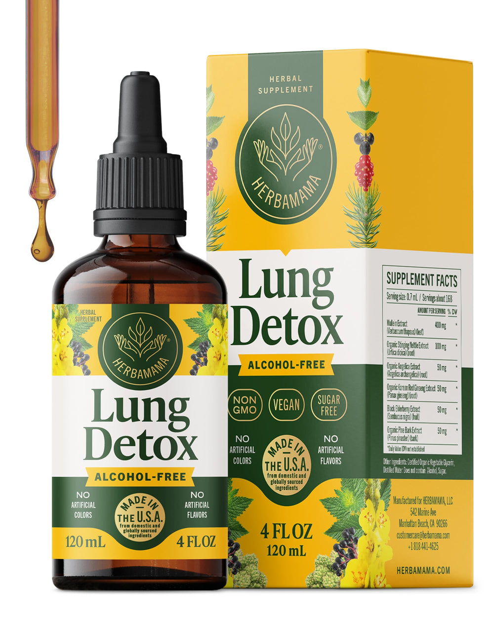 HERBAMAMA Lung Cleanse Drops bottle front—vegan formula for respiratory support.