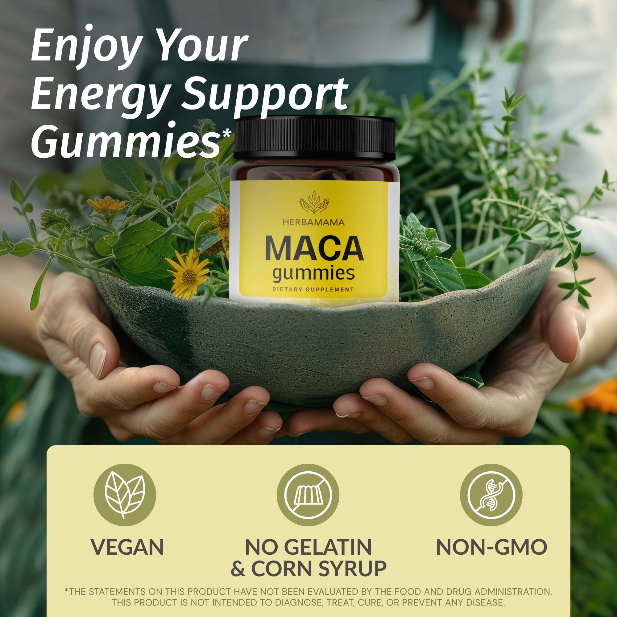 HERBAMAMA Maca Root Gummies vegan non-GMO formula in a soft chew