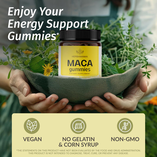 HERBAMAMA Maca Root Gummies vegan non-GMO formula in a soft chew