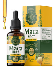 Herbamama Maca liquid drops bottle label highlighting vegan formula for daily well-being.