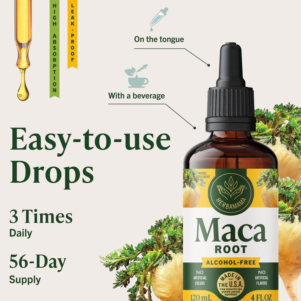 HERBAMAMA Maca liquid drops bottle side view shows simple packaging