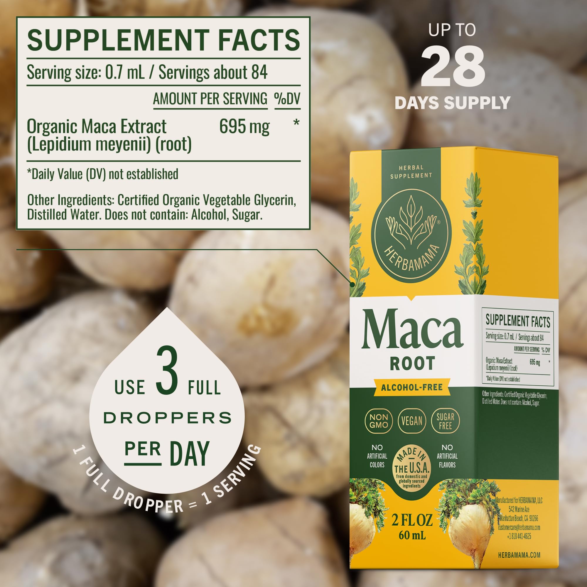 Herbamama Maca drops added to water for versatile daily use.