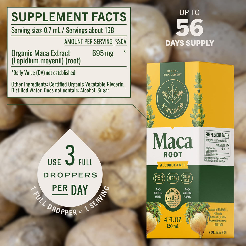 HERBAMAMA Maca liquid drops in glass for mixing with drinks
