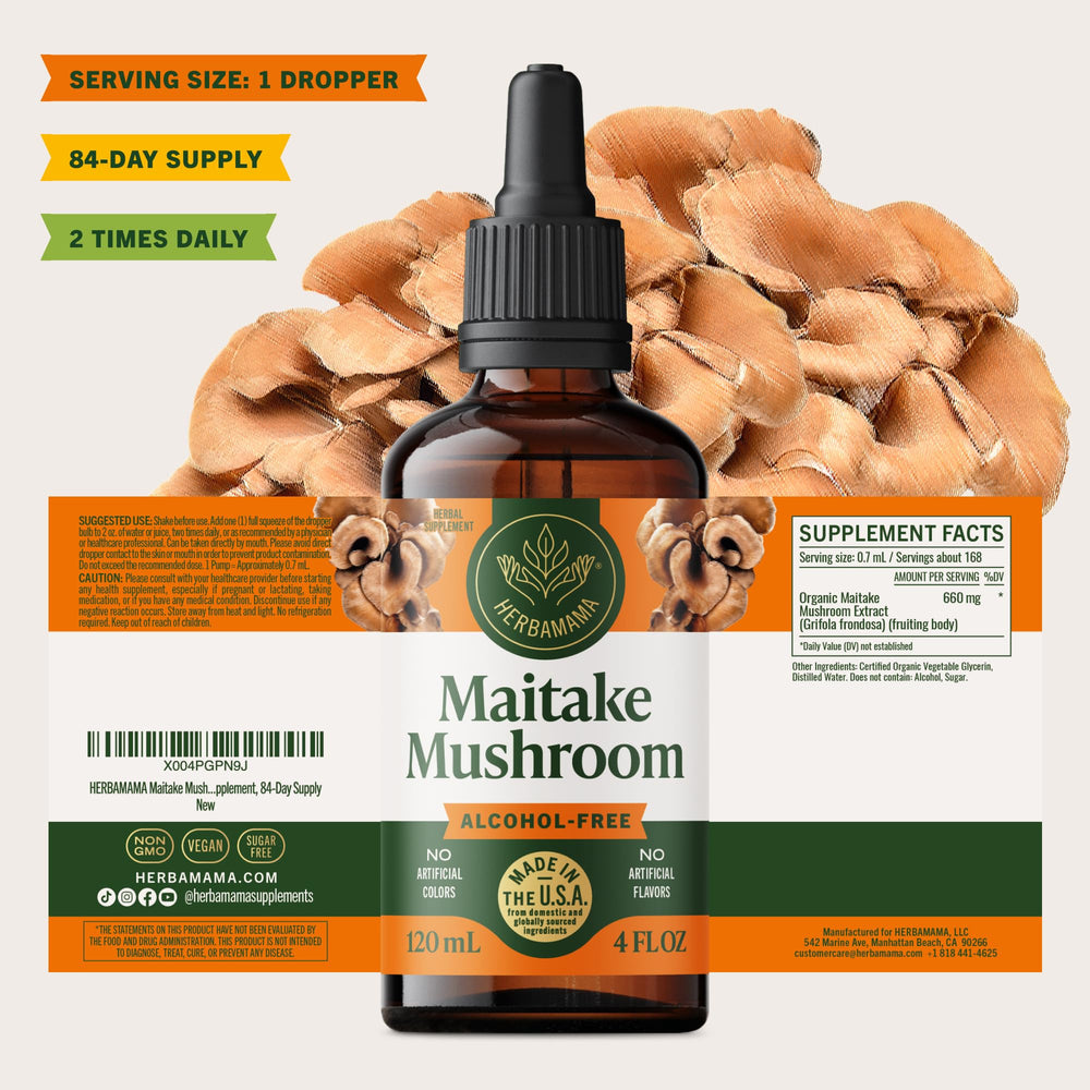 Ingredient list on Herbamama Maitake tincture bottle emphasizes simple formula.