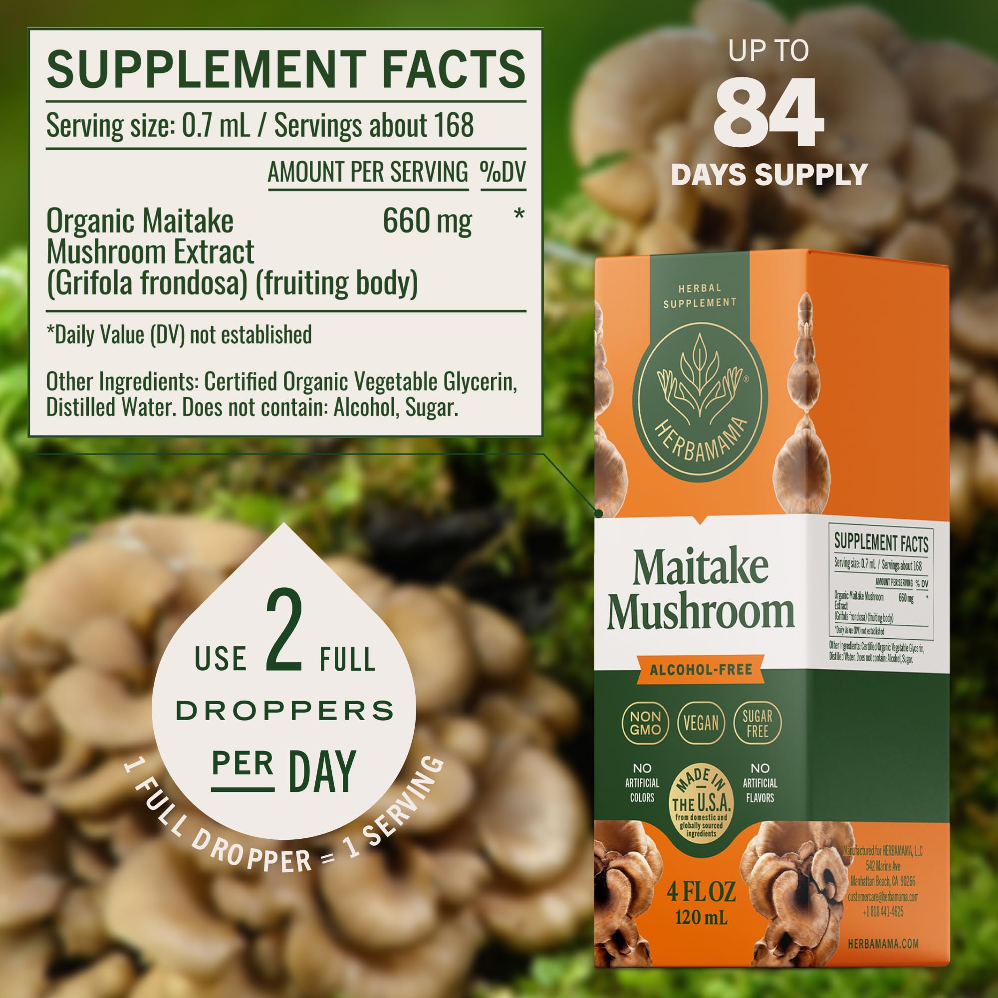 Close-up of Maitake tincture label highlights vegan formula.