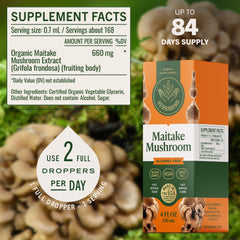 Close-up of Maitake tincture label highlights vegan formula.
