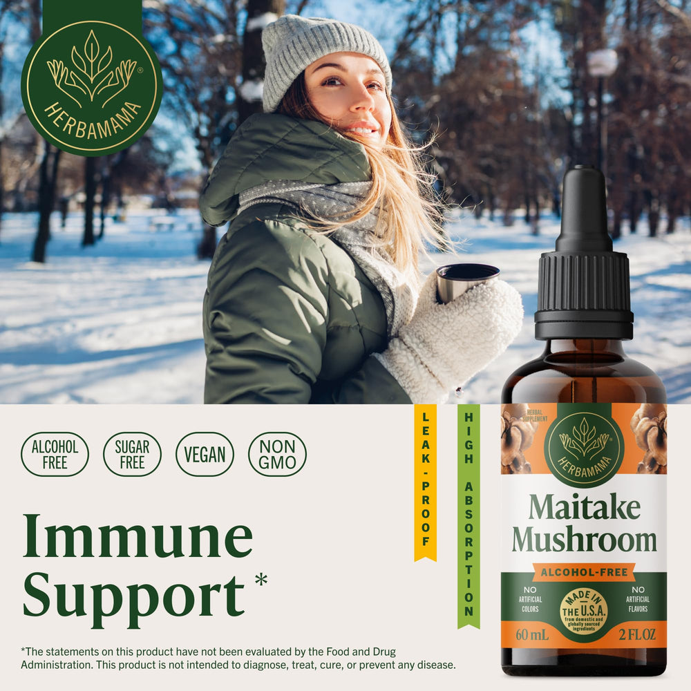 Herbamama Maitake tincture dropper enabling easy daily dosing for immune wellness