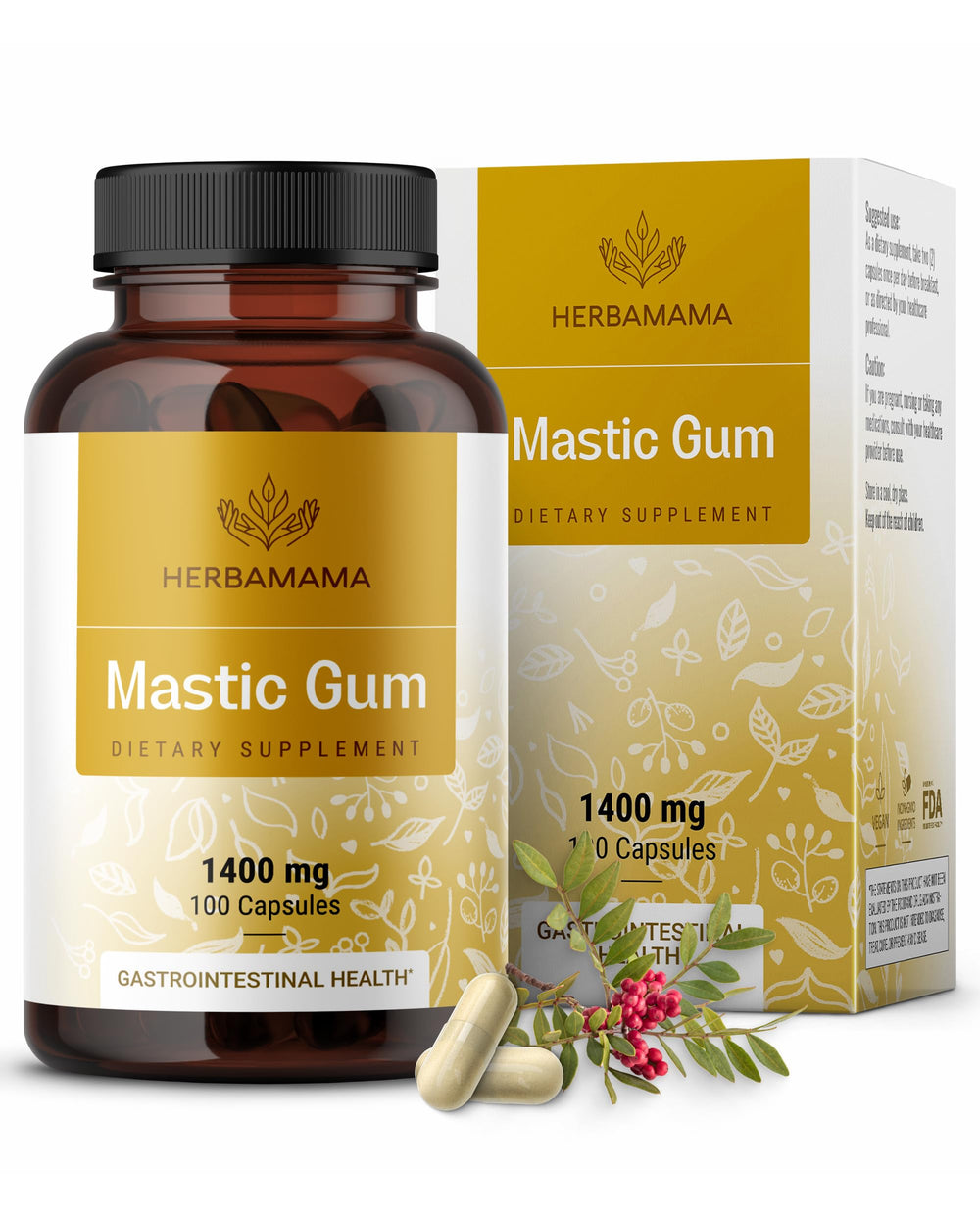 Herbamama mastic gum capsules in a bottle for vegan, non-GMO digestive support.