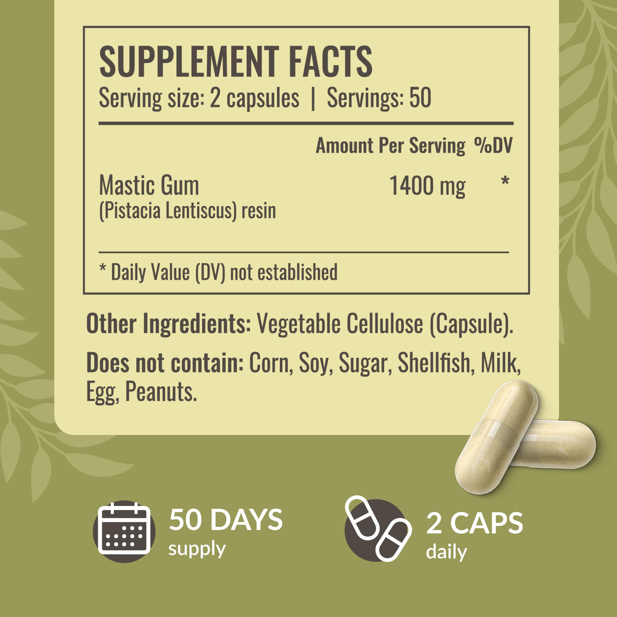 Herbamama mastic gum capsule with powder inside, illustrating the simple two-ingredient formula.