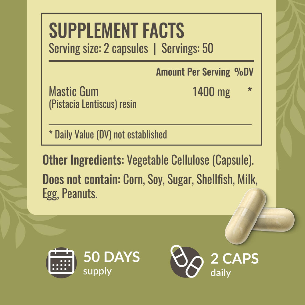 Herbamama mastic gum capsule with powder inside, illustrating the simple two-ingredient formula.