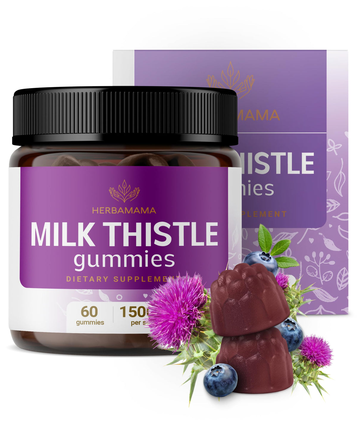 HERBAMAMA milk thistle bottle shows 60 vegan gummies for daily liver support.