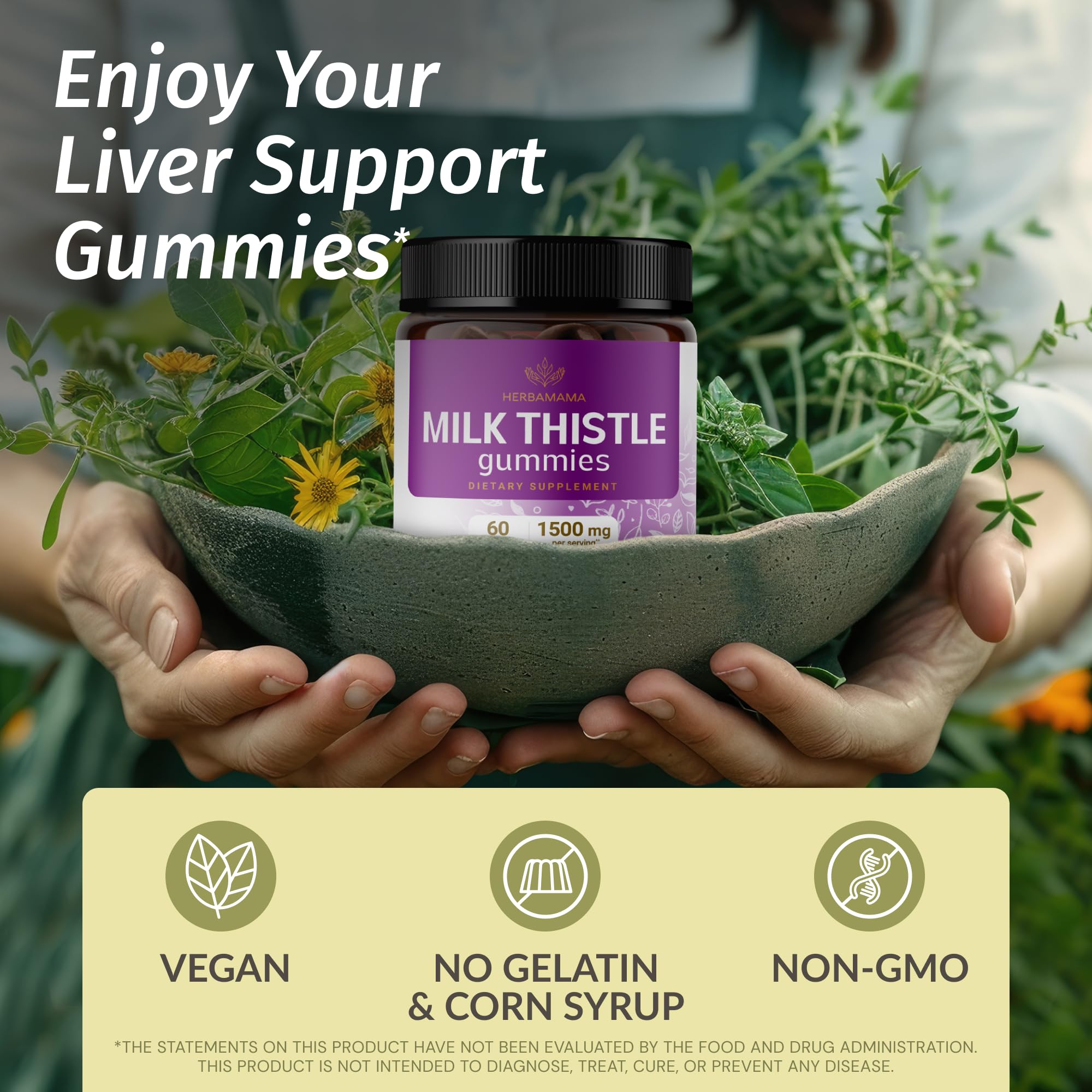 HERBAMAMA milk thistle gummies blueberry close-up highlights fruity flavor for liver care.