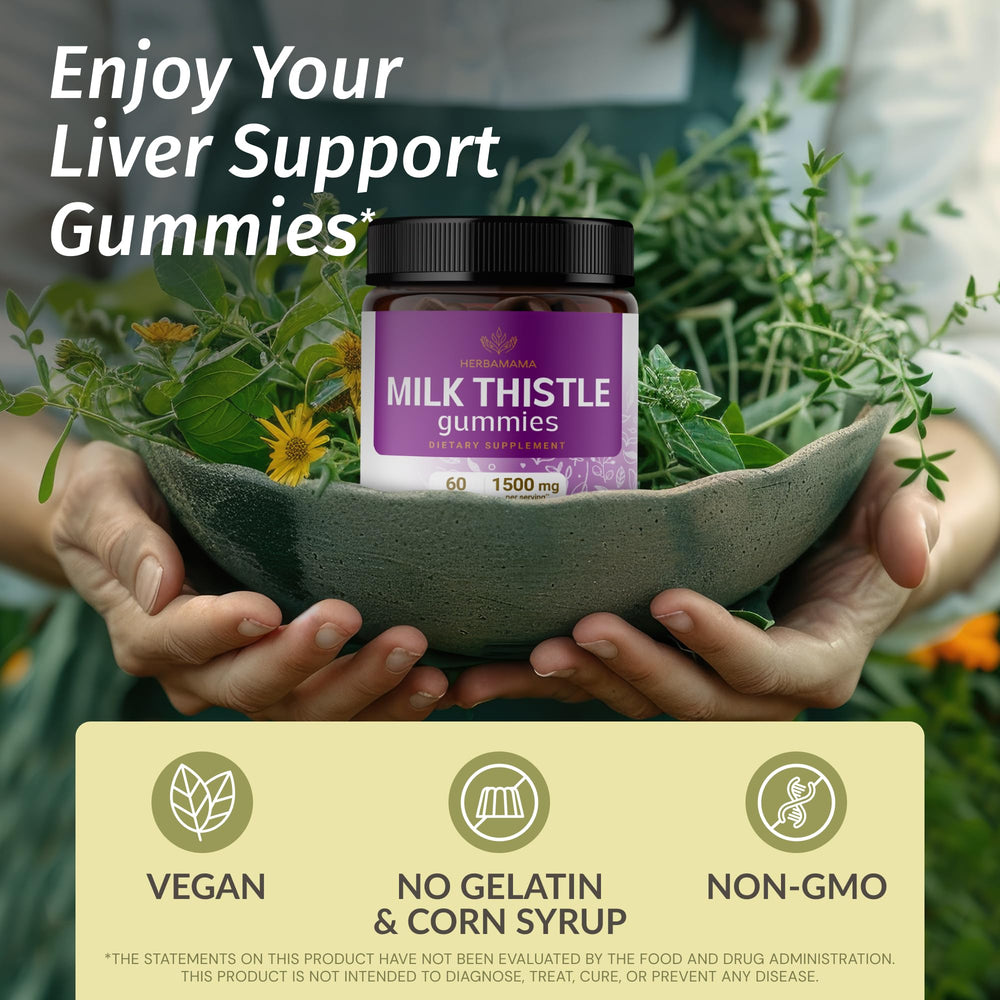 HERBAMAMA milk thistle gummies blueberry close-up highlights fruity flavor for liver care.
