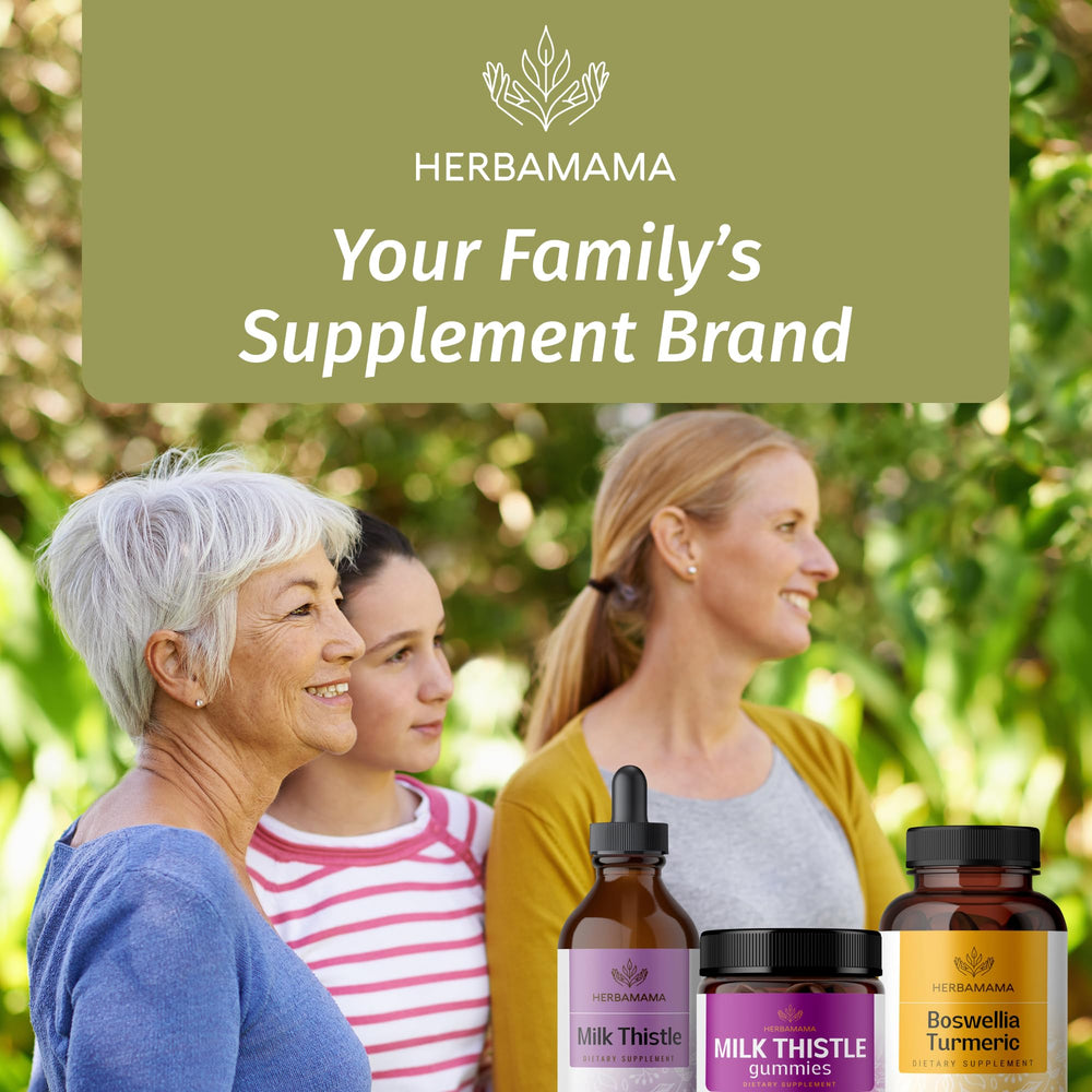 Ingredients list hints at milk thistle and blueberry flavor in HERBAMAMA gummies.