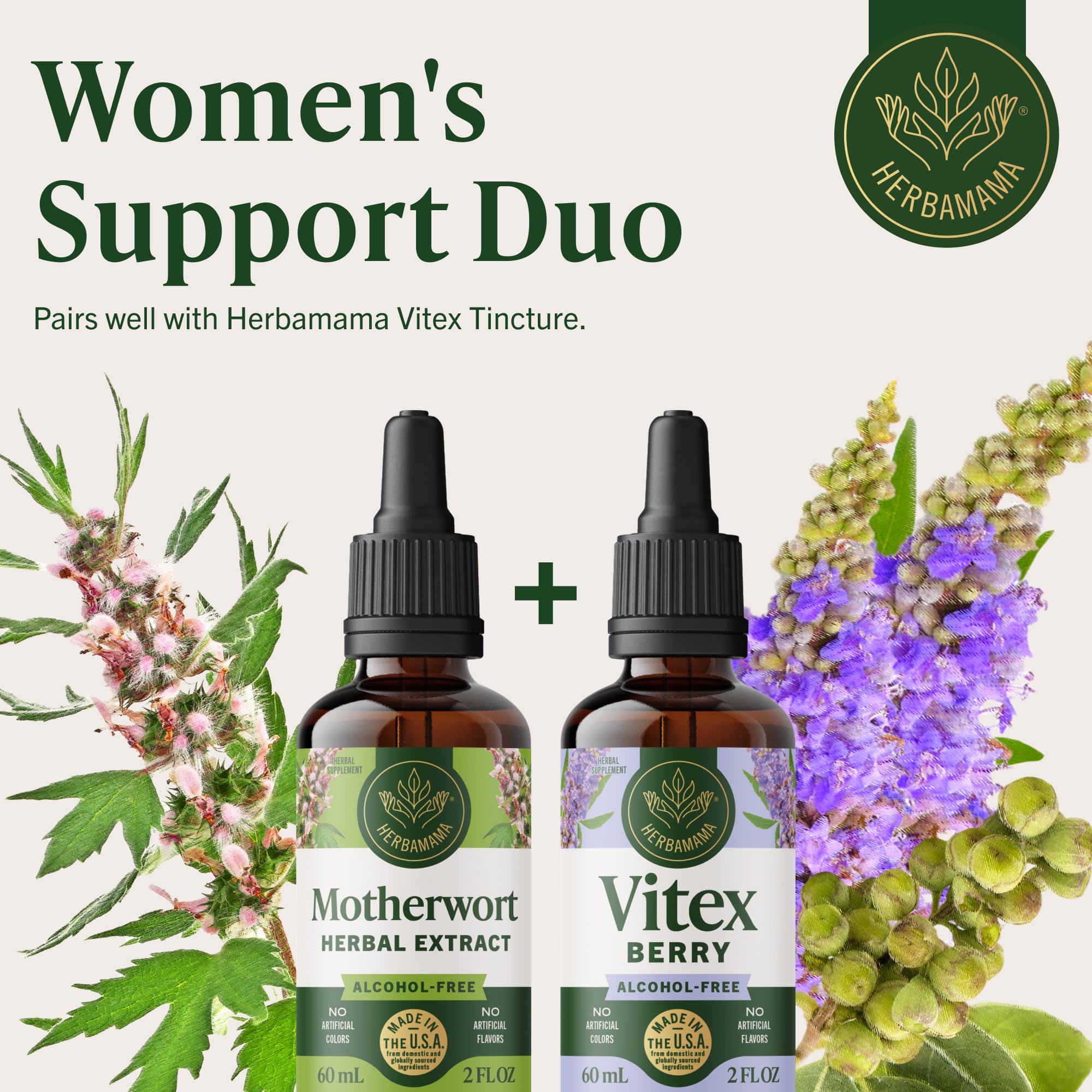 HERBAMAMA Motherwort bottle with glycerin visual for clean, alcohol-free formula.