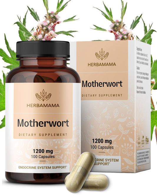 HERBAMAMA Motherwort capsules bottle highlighting 1200 mg serving for daily menopause support