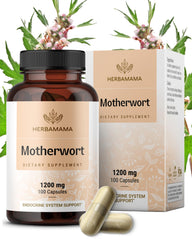 HERBAMAMA Motherwort capsules bottle highlighting 1200 mg serving for daily menopause support
