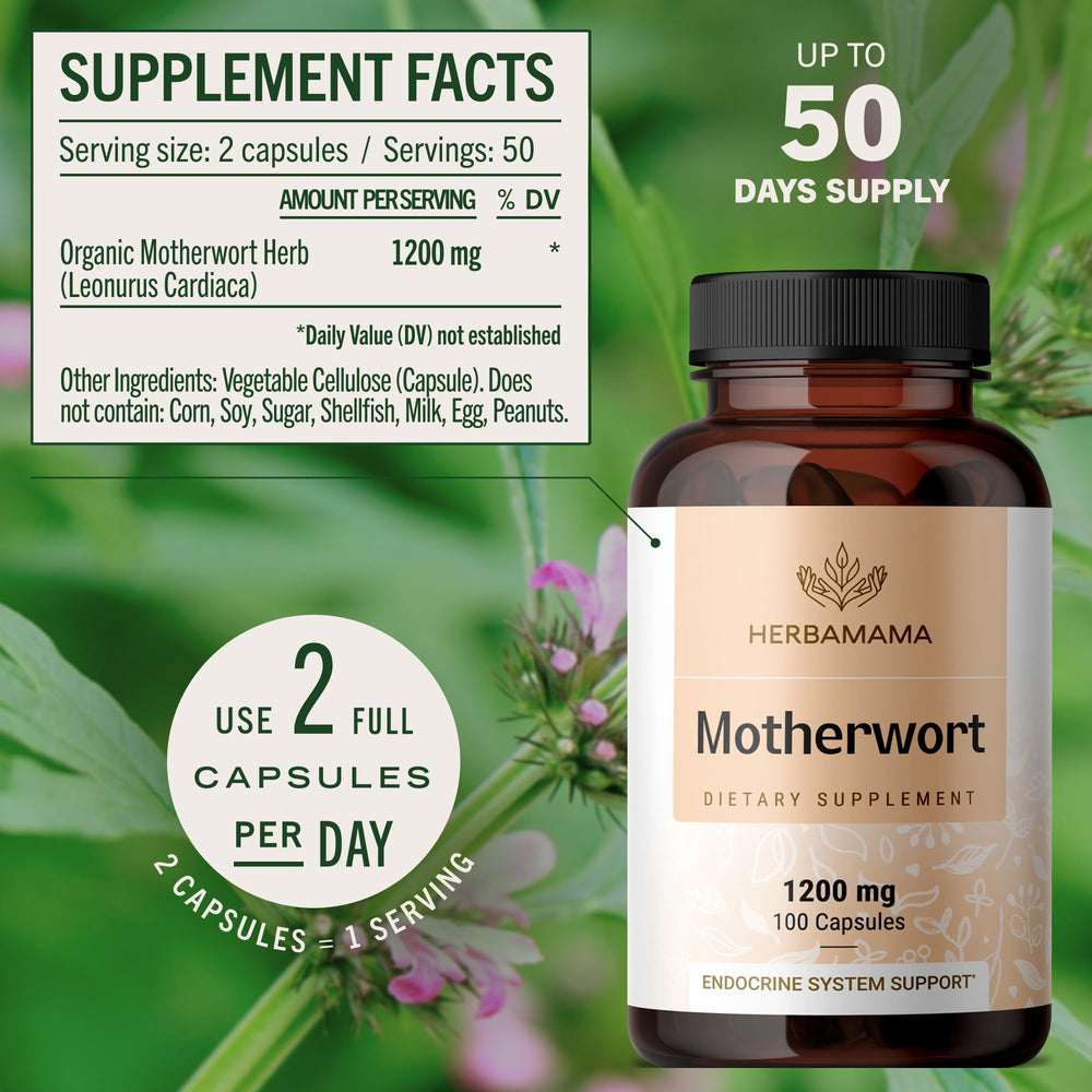 Lifestyle shot showing vegan non-GMO HERBAMAMA capsules on a clean desk