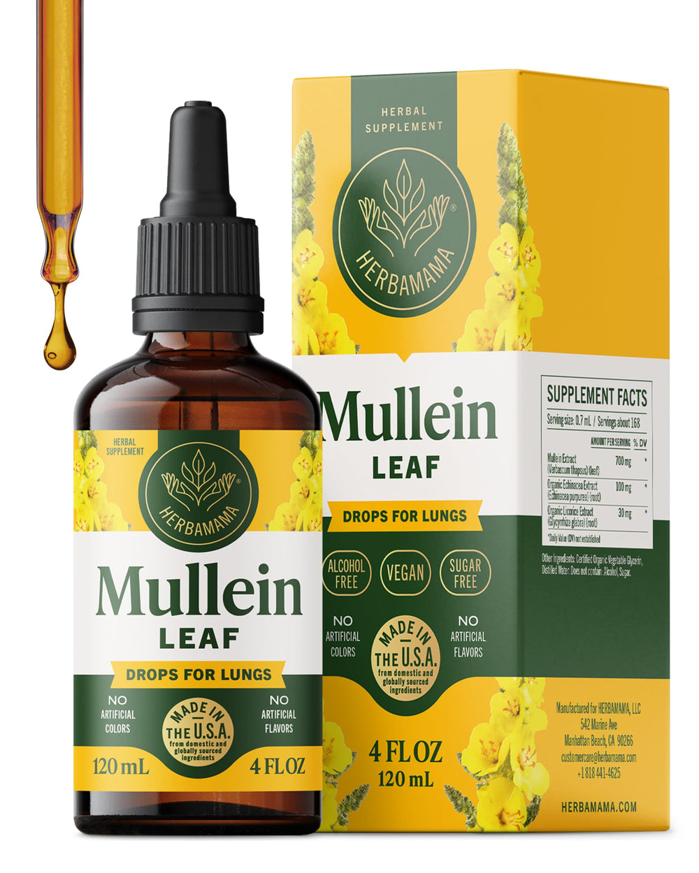 HERBAMAMA Mullein Drops bottle emphasizes vegan lung support benefits