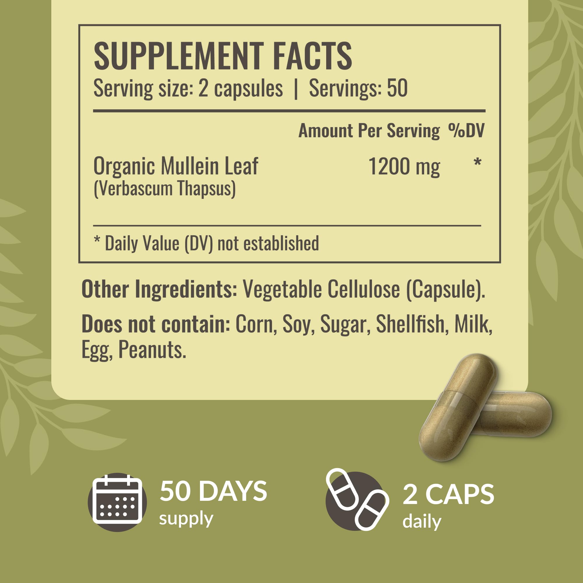 HERBAMAMA Mullein Leaf Capsules label emphasizes vegan, non-GMO, additive-free quality.
