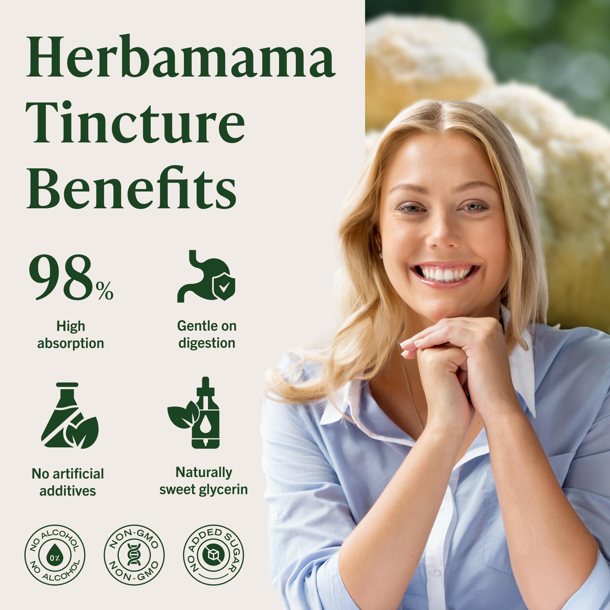 Herbamama label highlights alcohol-free and sugar-free ingredients.