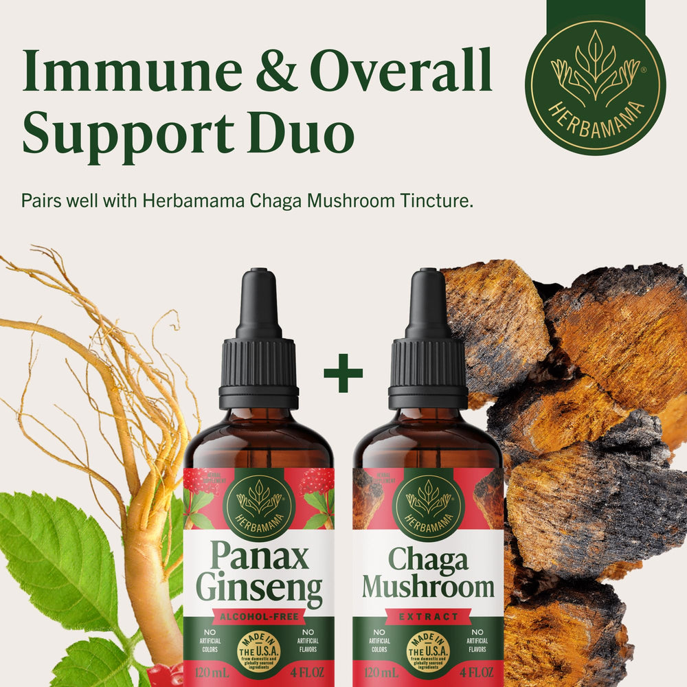 HERBAMAMA Panax Ginseng tincture glass with droplets and dosage visible.