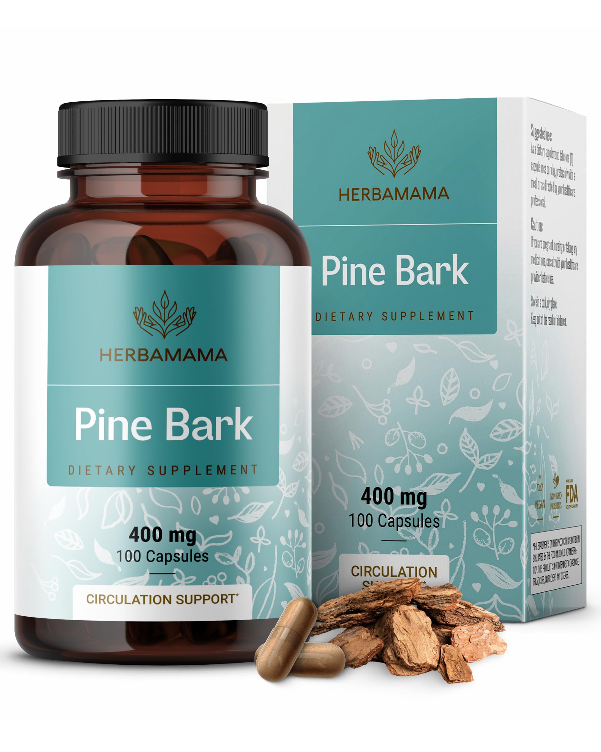 HERBAMAMA Pine Bark Capsules 400mg bottle close-up, convenient daily antioxidant support.