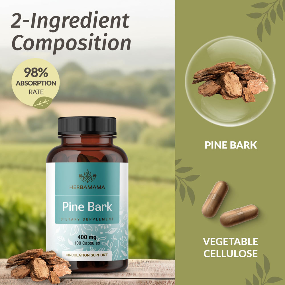 HERBAMAMA pine bark powder visual showcasing natural ingredient.