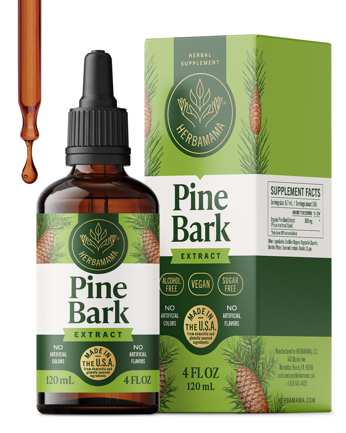 HERBAMAMA Pine Bark Tincture bottle shows a vegan, alcohol-free antioxidant option