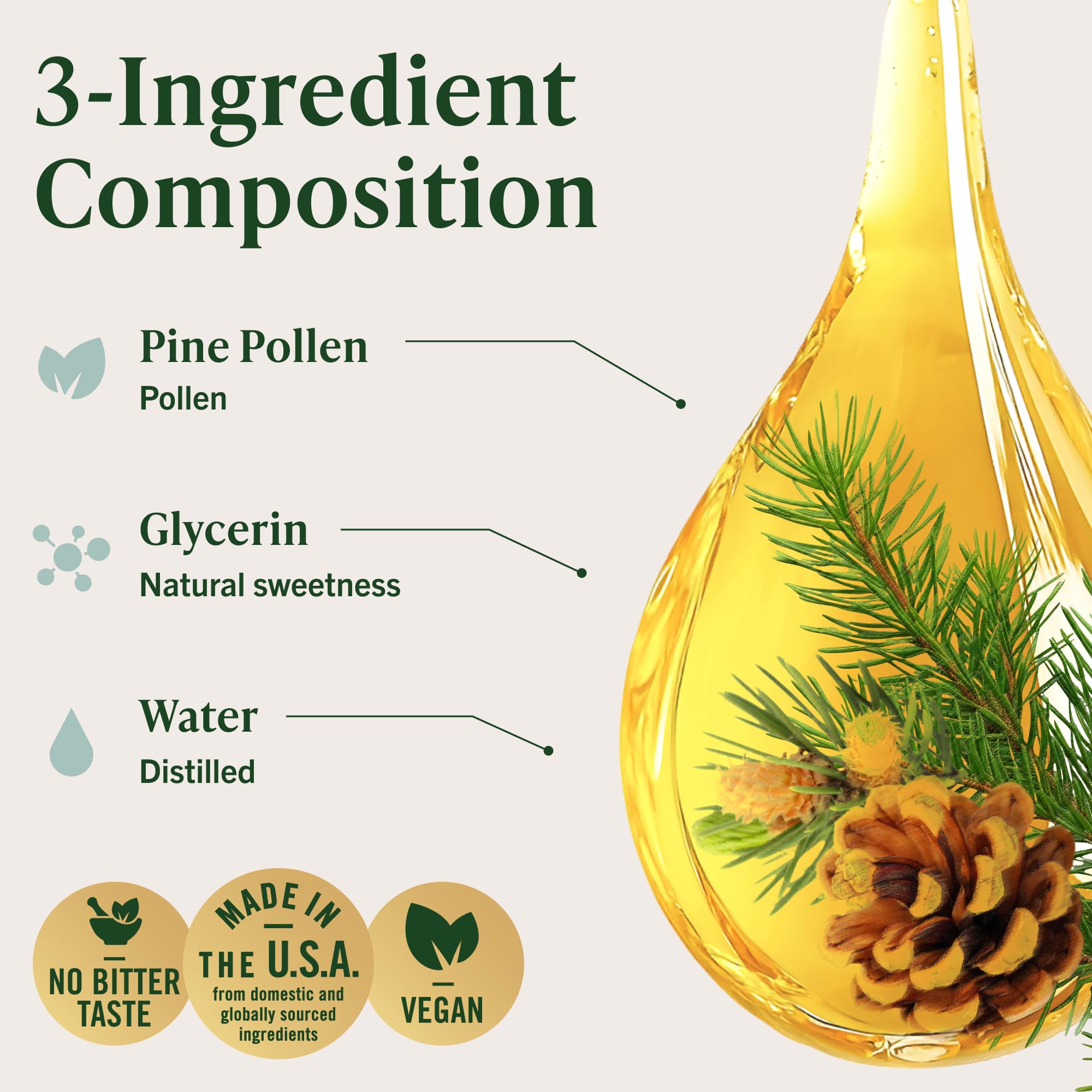 HERBAMAMA Pine Pollen tincture contents bottle pour showing simple three ingredient mix