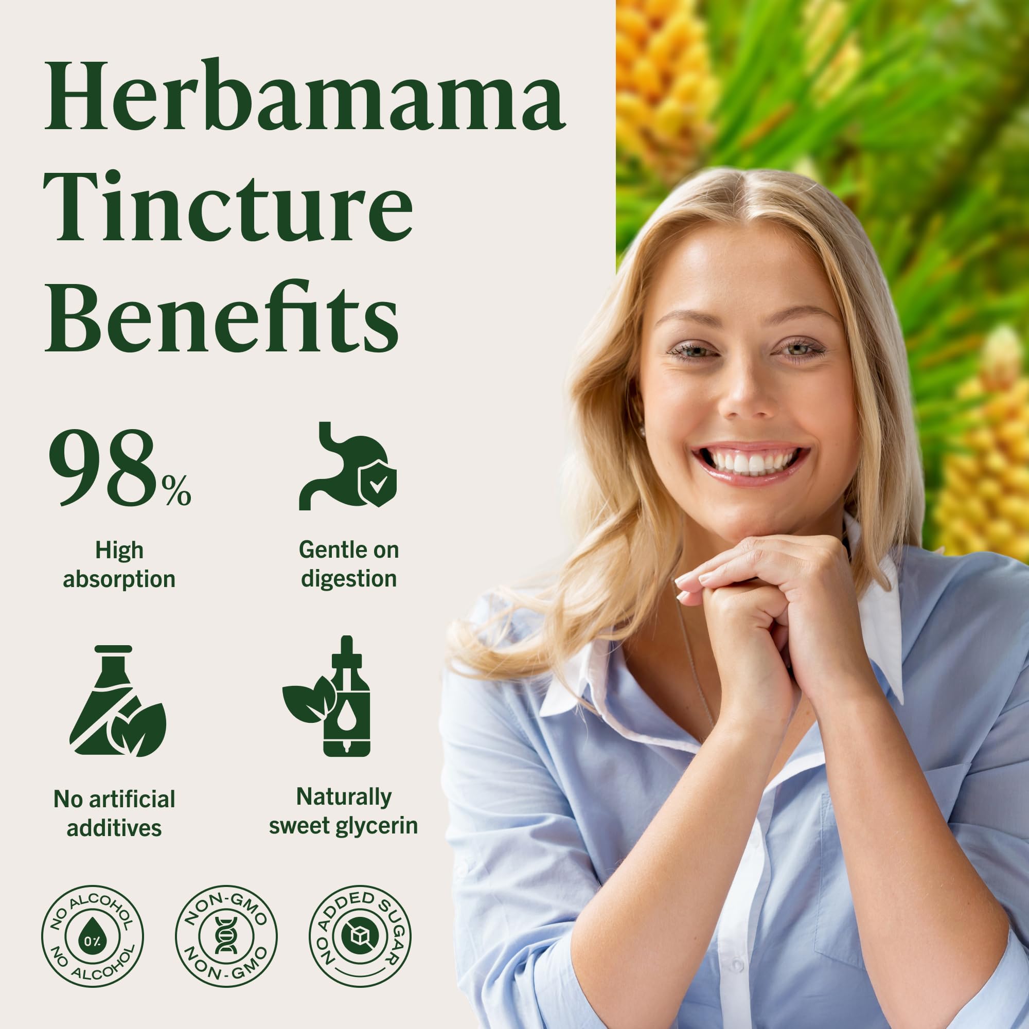 HERBAMAMA Pine Pollen tincture taste smooth glycerin based formula reduces bitterness