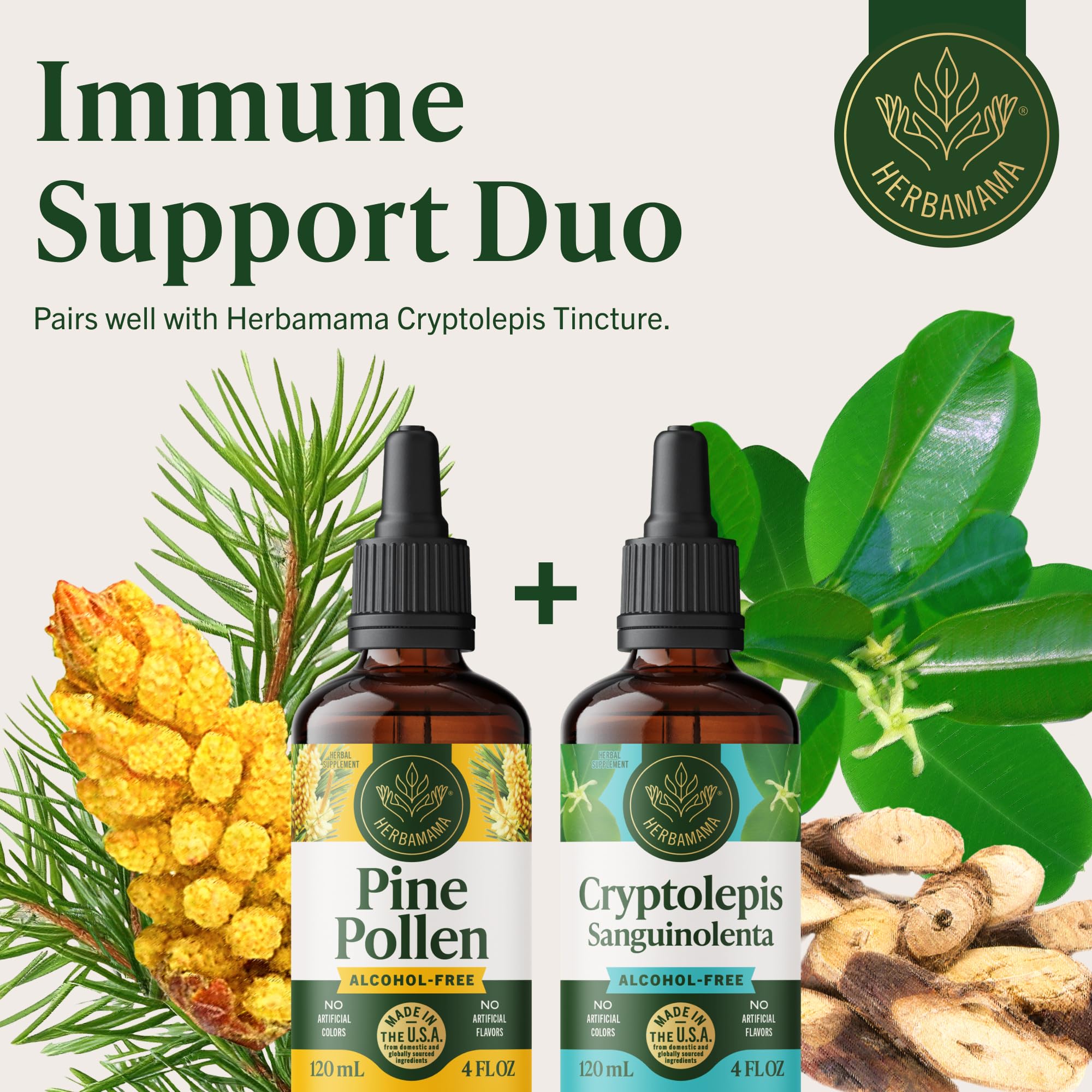 HERBAMAMA Pine Pollen tincture vegan non GMO seal highlights ethical choice