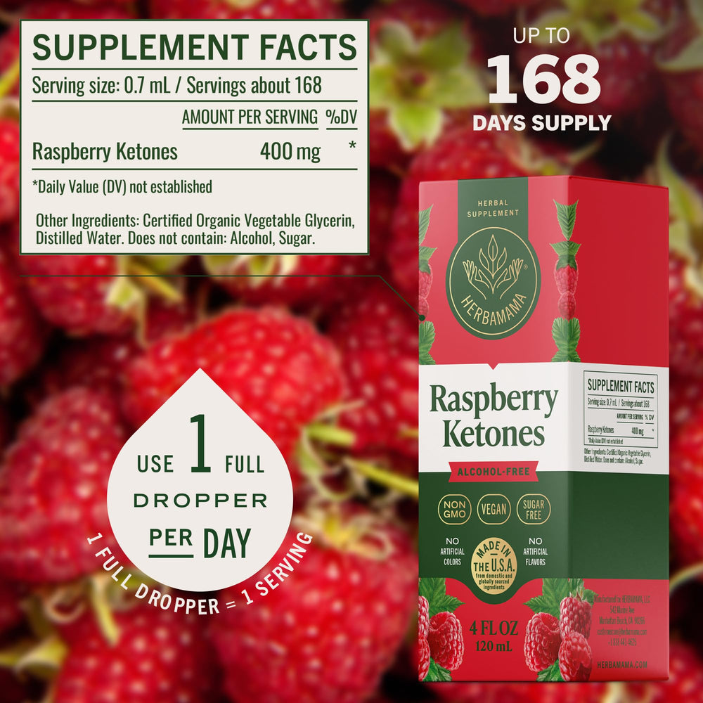 HERBAMAMA Raspberry Ketones no-GMO badge indicates non-GMO formulation.
