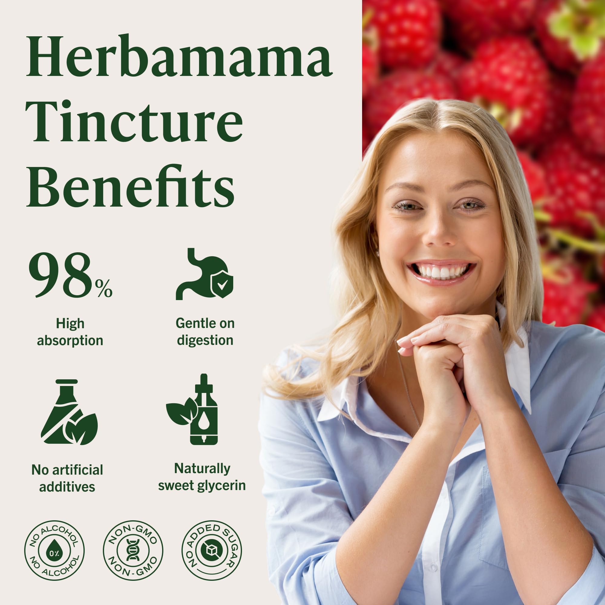HERBAMAMA Raspberry Ketones sugar-free packaging communicates a low-sugar option.