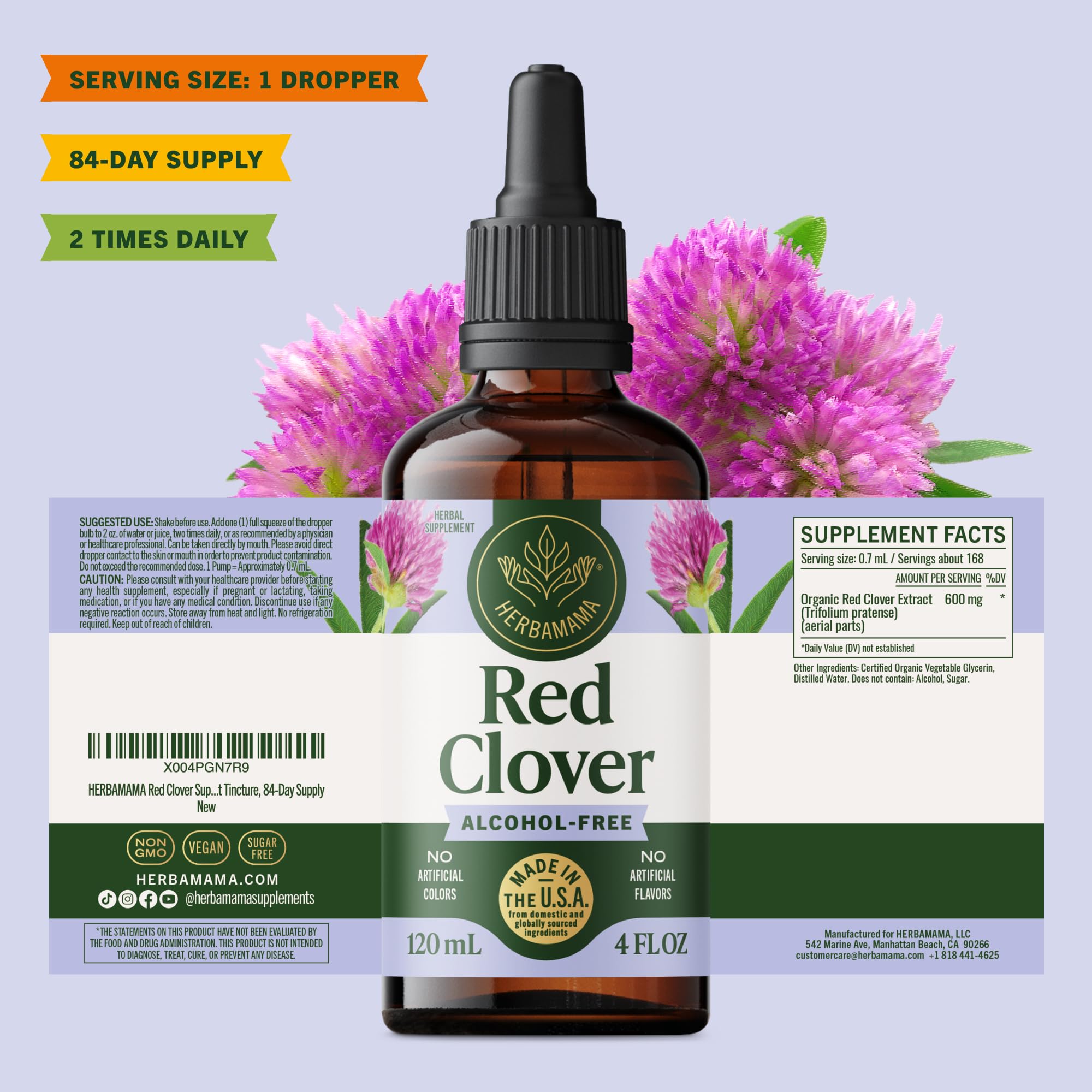 Travel-ready HERBAMAMA Red Clover Drops bottle for busy days.
