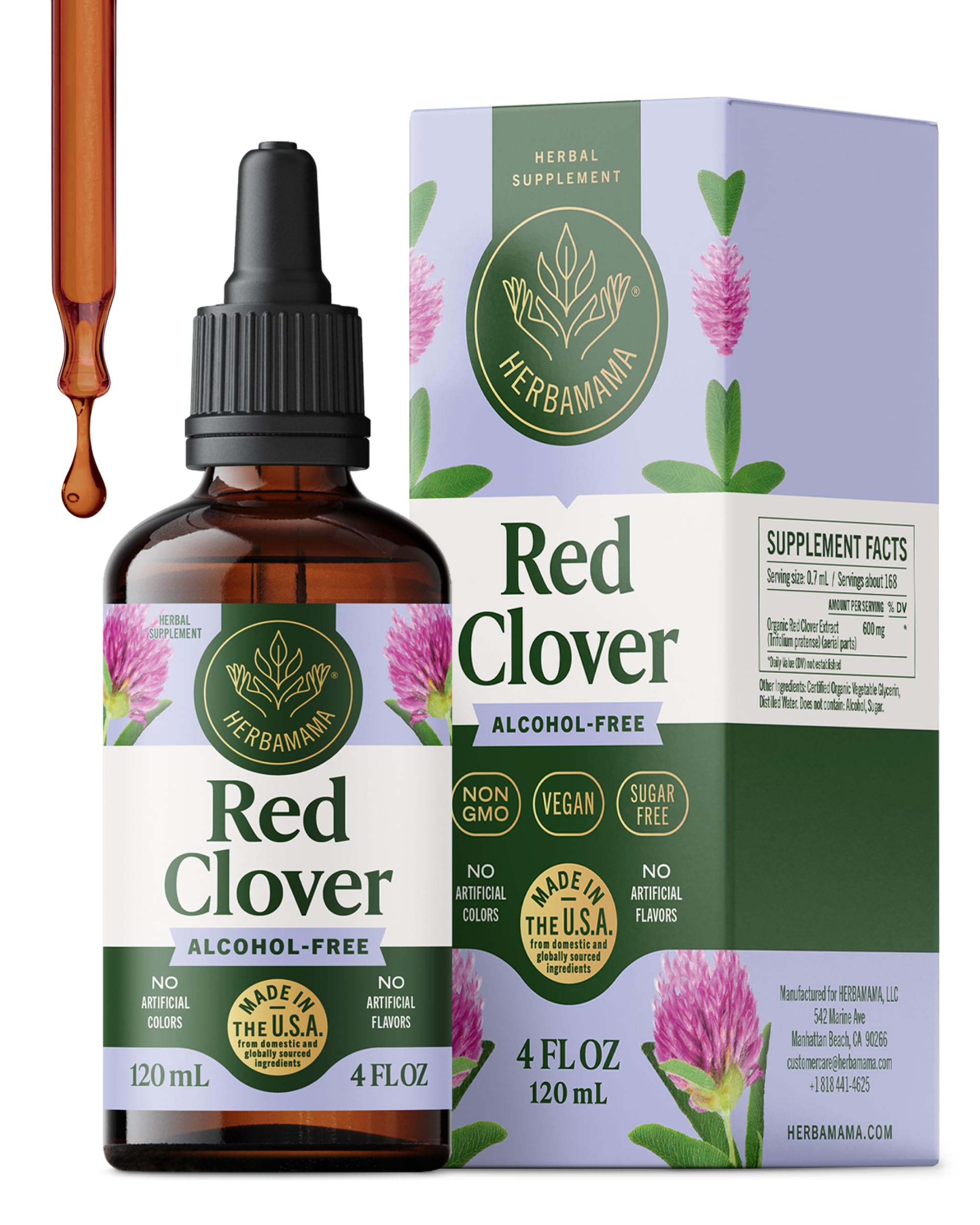 HERBAMAMA Red Clover Drops bottle, antioxidant-rich vegan tincture for daily wellness.