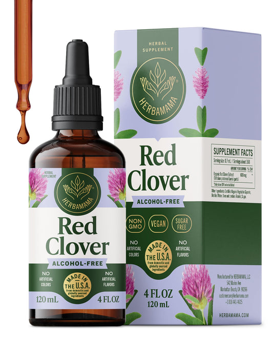 HERBAMAMA Red Clover Drops bottle, antioxidant-rich vegan tincture for daily wellness.