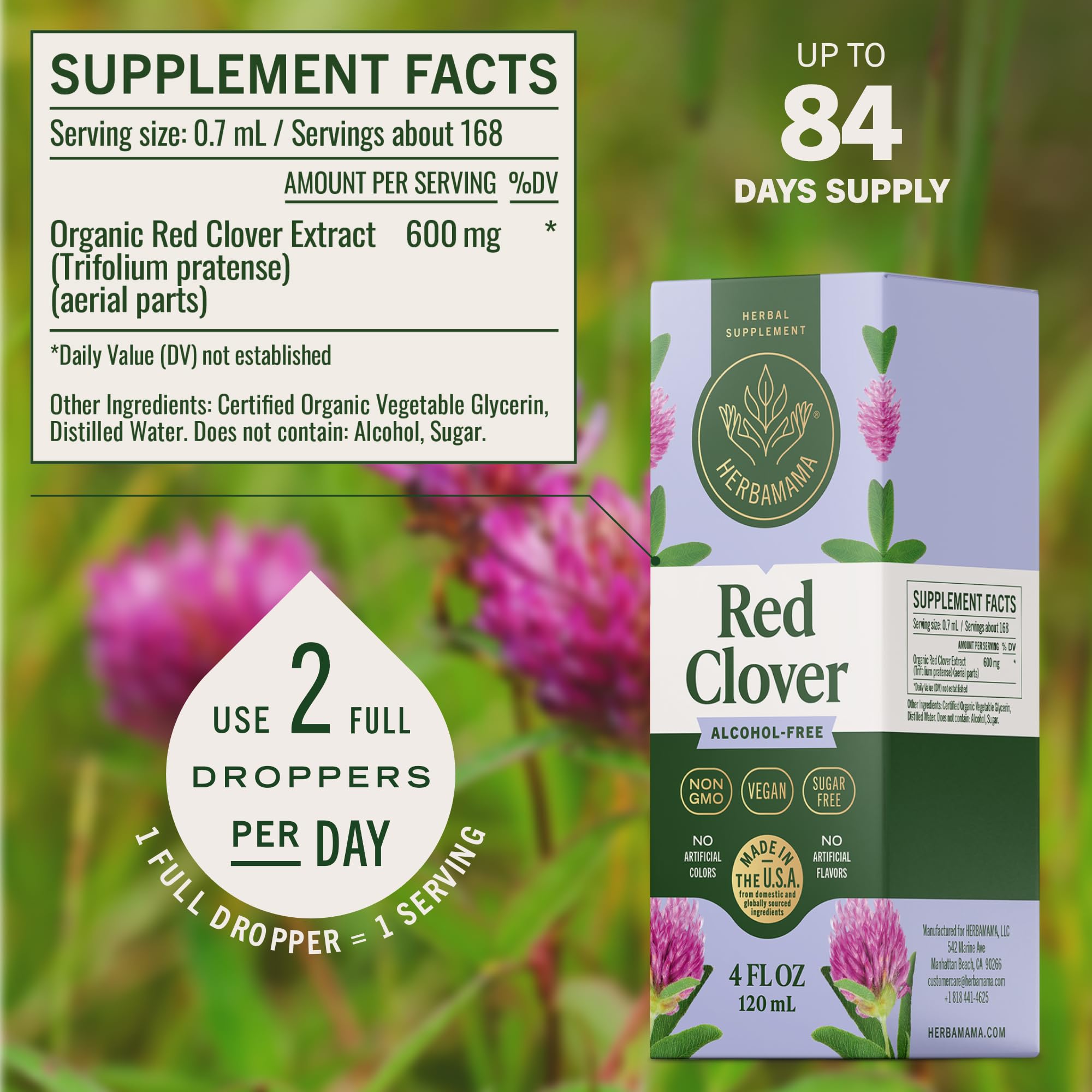 HERBAMAMA Red Clover Drops being poured into water for easy intake.