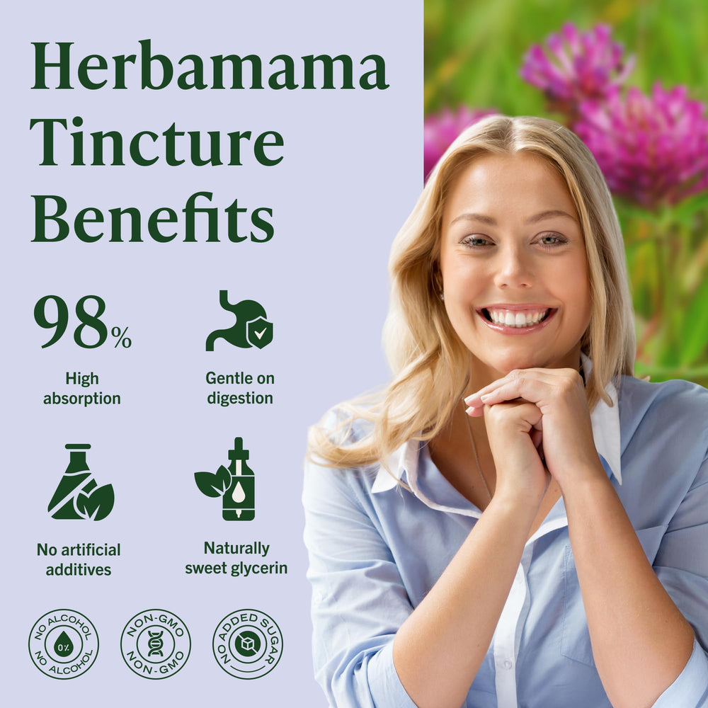 HERBAMAMA Red Clover Drops label showing vegan, non-GMO formula.