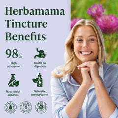 HERBAMAMA Red Clover Drops label showing vegan, non-GMO formula.