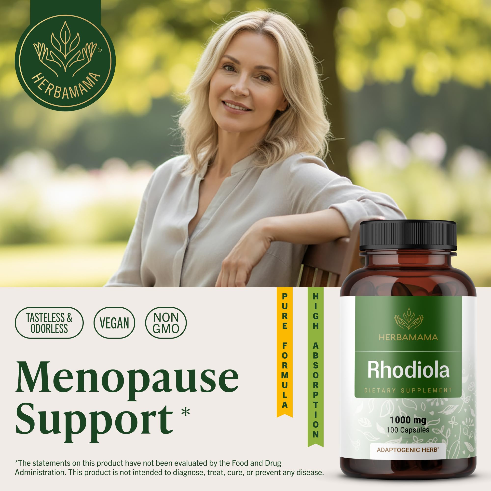 HERBAMAMA Rhodiola capsule bottle close-up shows 1000mg per serving for daily relaxation