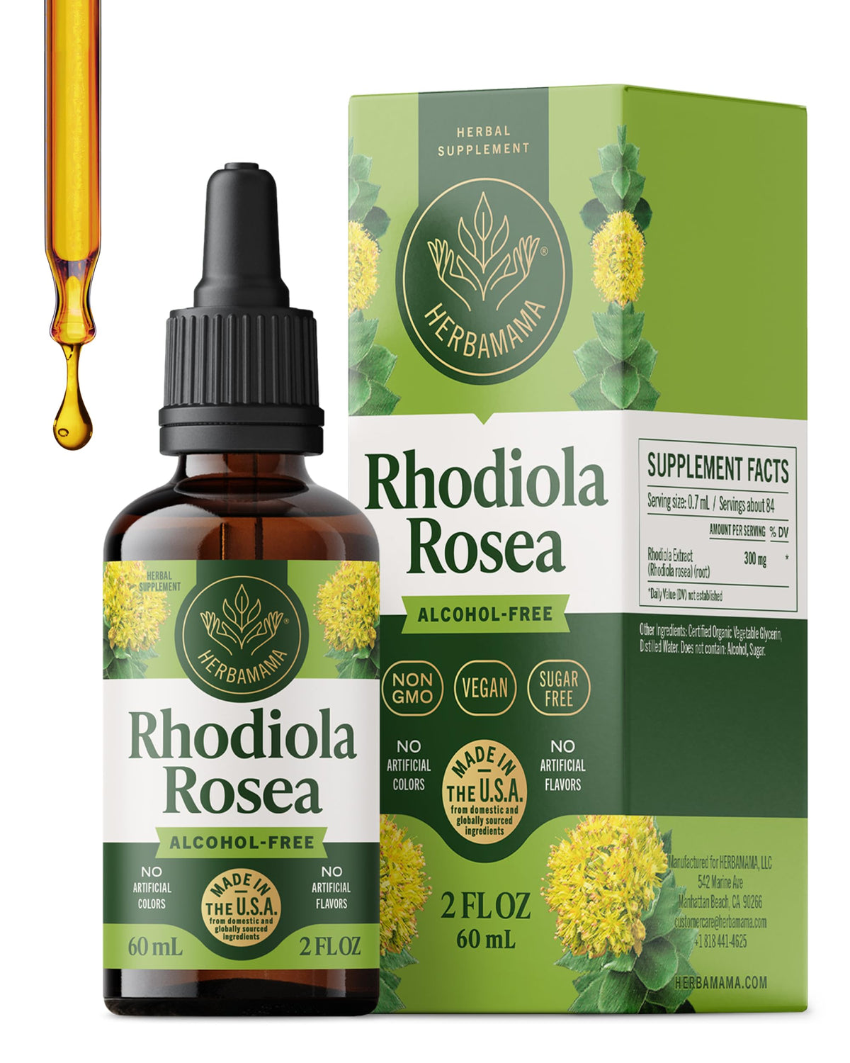 HERBAMAMA Rhodiola drops bottle front for vegan, alcohol-free calm support.