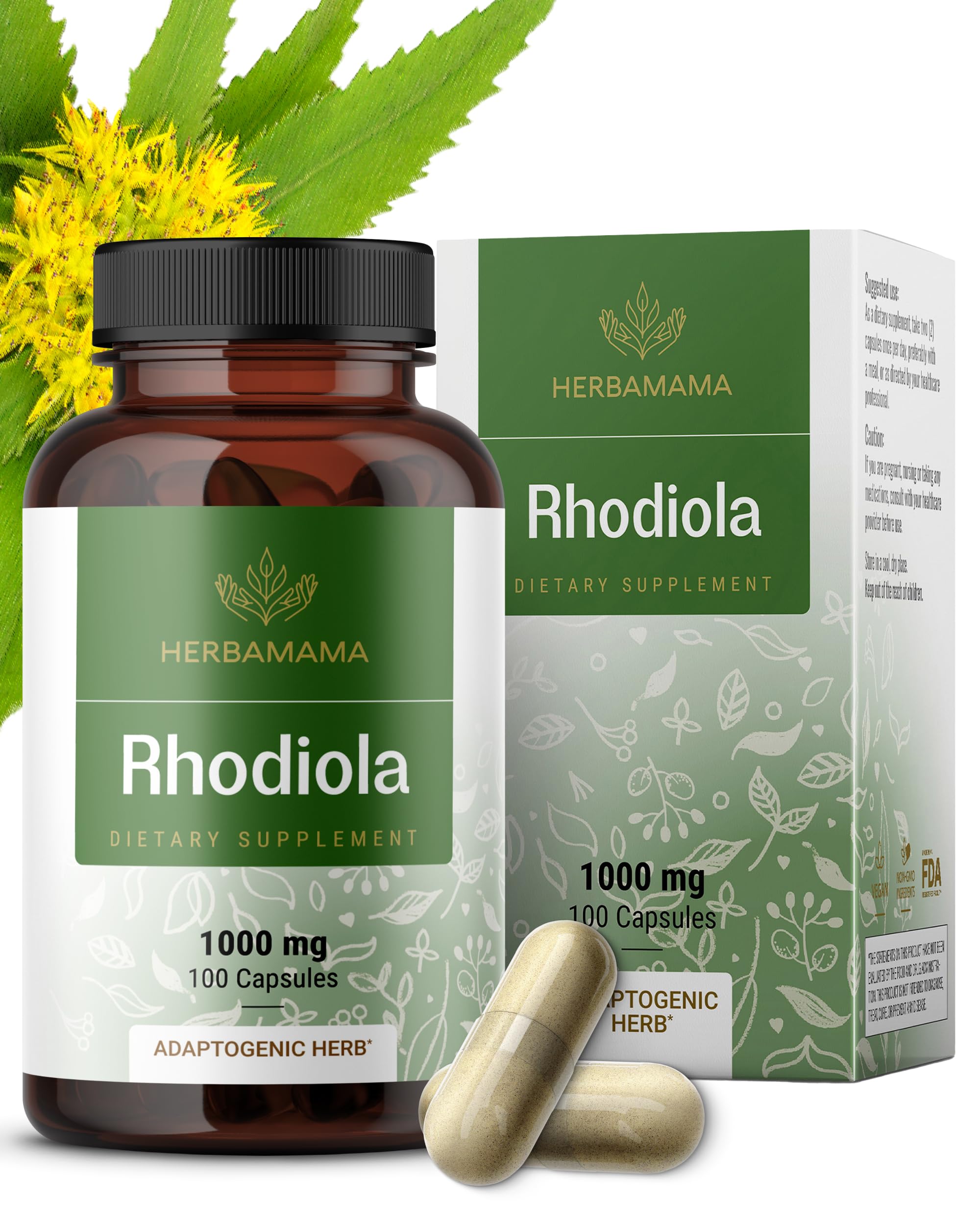HERBAMAMA Rhodiola Rosea bottle close-up highlighting vegan formula for menopause support