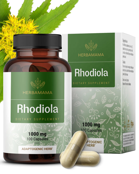 HERBAMAMA Rhodiola Rosea bottle close-up highlighting vegan formula for menopause support