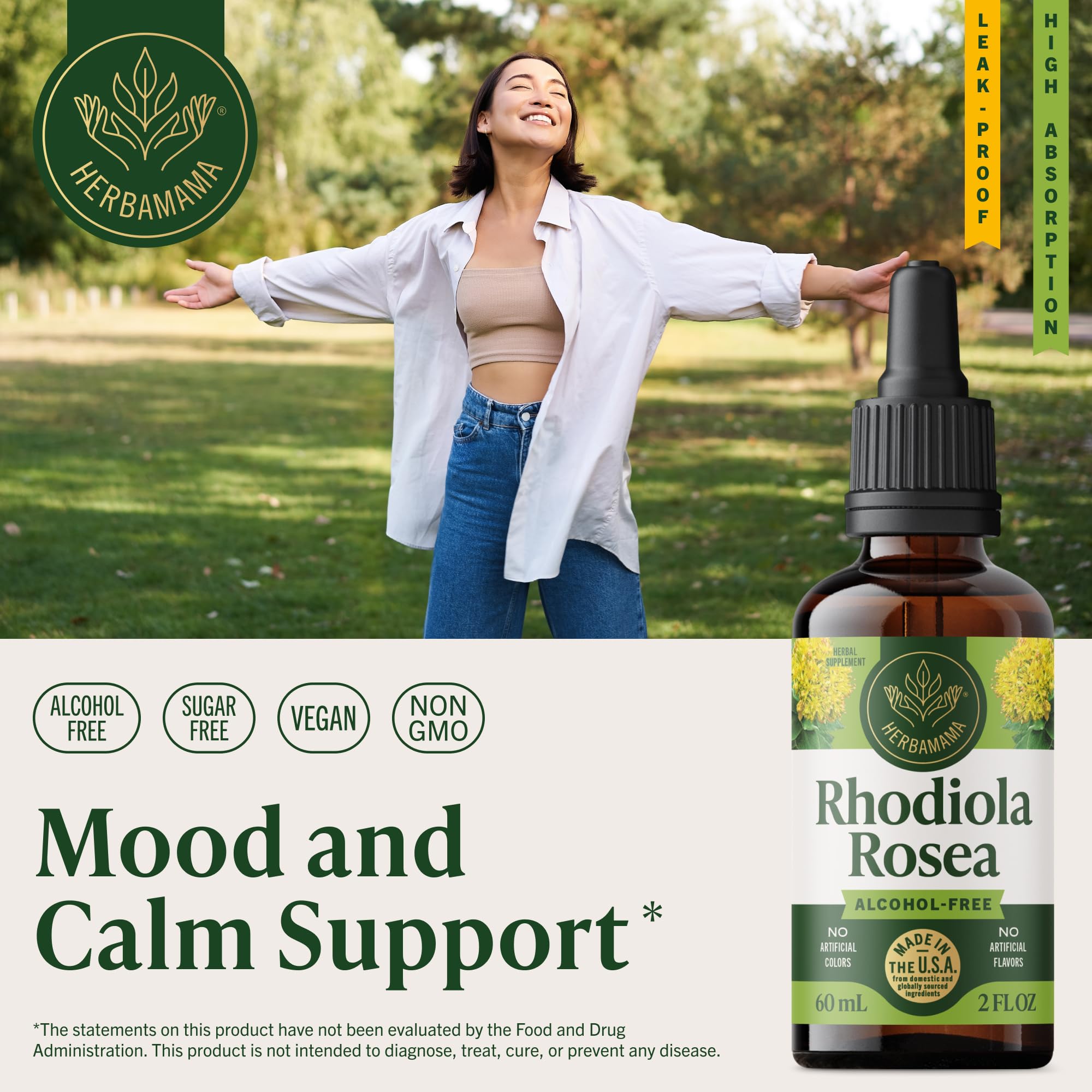 HERBAMAMA Rhodiola drops dropper-use for quick, natural mood balance in daily routine.