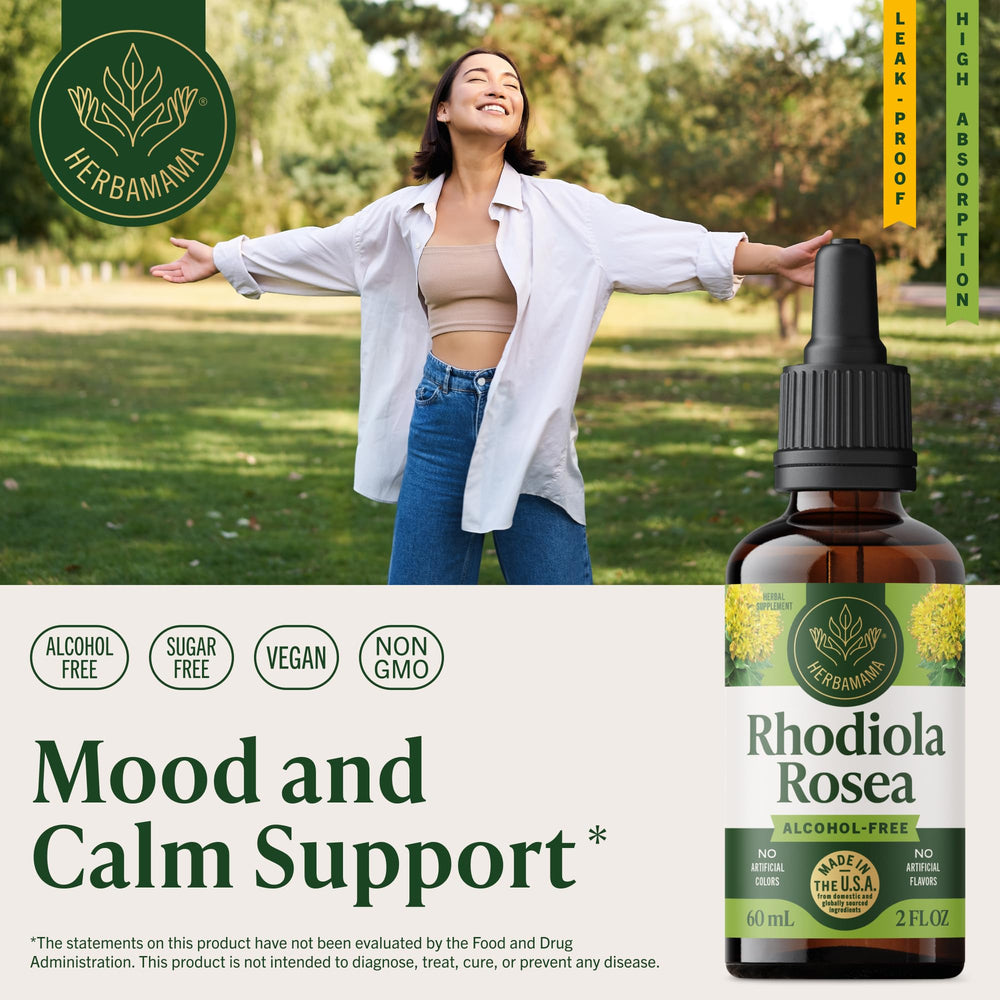 HERBAMAMA Rhodiola drops dropper-use for quick, natural mood balance in daily routine.