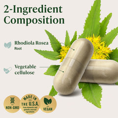 HERBAMAMA Rhodiola capsules label close-up emphasizes vegan, non-GMO status and clean ingredients
