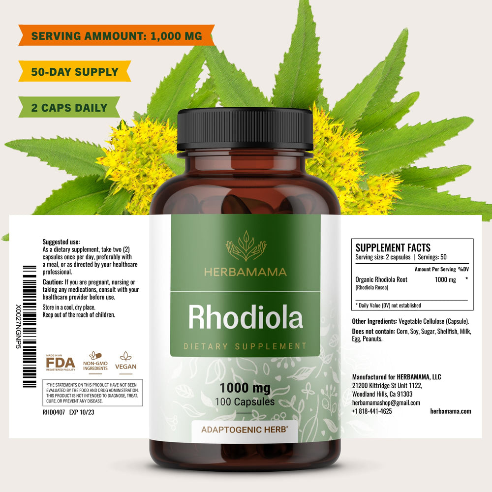 HERBAMAMA Rhodiola non-GMO capsule image communicates pure ingredients for menopause-friendly routines