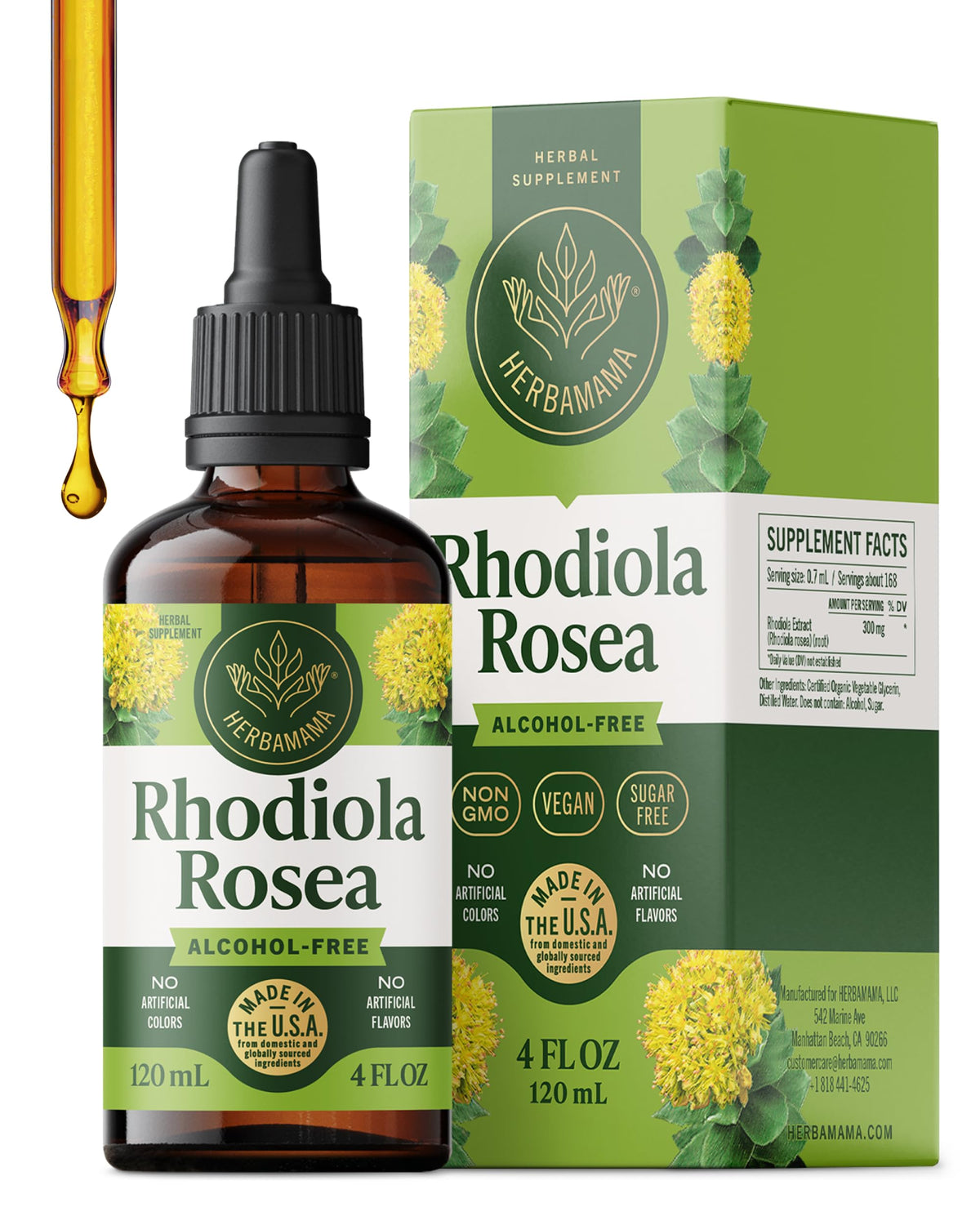HERBAMAMA Rhodiola tincture bottle promoting calm mood support.